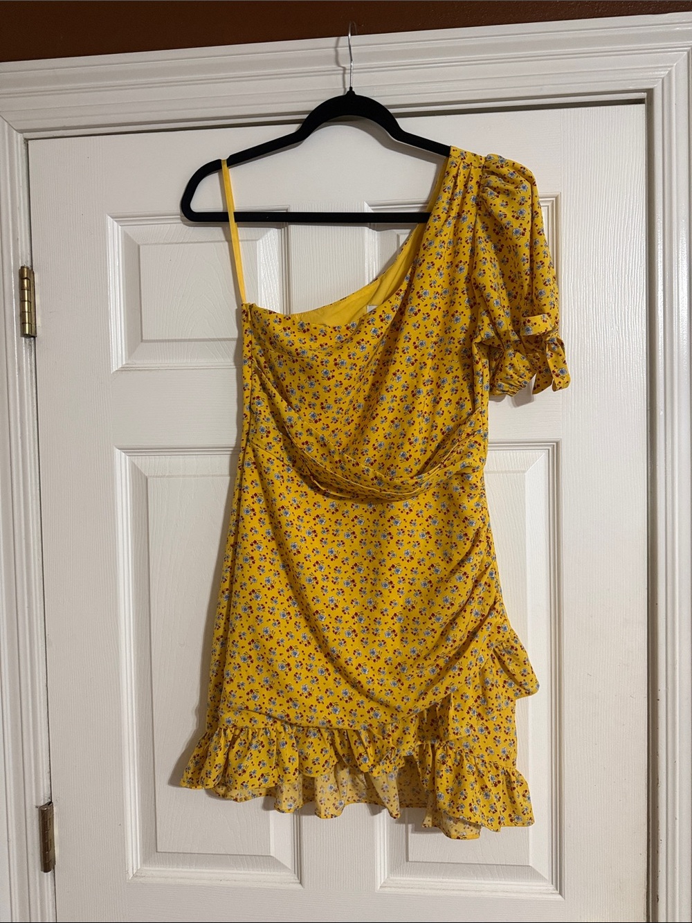 Yellow Floral One-Shoulder Ruffle Mini Dress